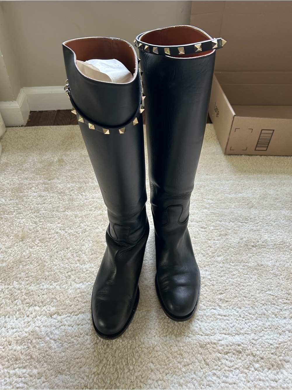 Valentino Garavani Rockstud Riding Boots Black Leather Knee High Boots Size 38